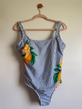 Kona Sol Large Blue & White Striped Lemon One-Piece Swimsuit with Bow